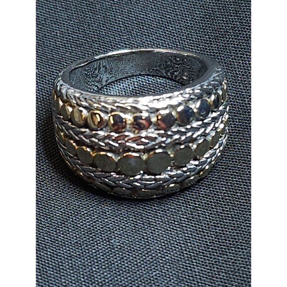 Wide Silver-Gold Textured Band Ring, Braided & Dotted, Size 8 - Picture 3 of 7